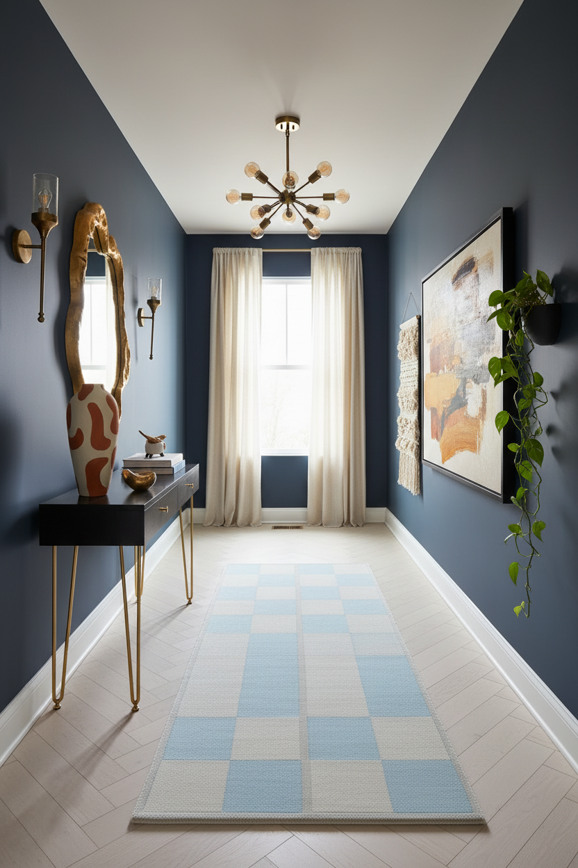 blue checker runner rug in a blue theme hall