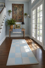 blue checker runner rug in an entryway