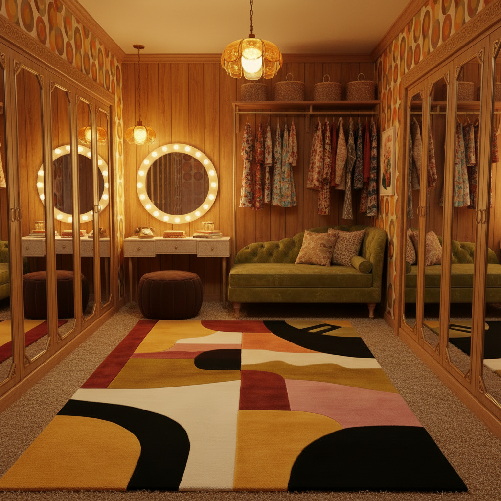 Modern interior design of a room with colorful rug, mirrors, and clothing rack.