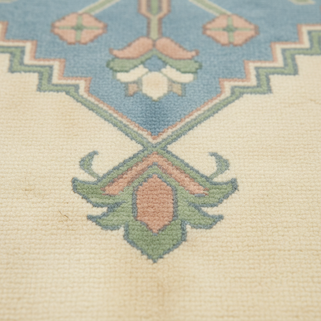 Close-up of a patterned rug with a cream base and a geometric medallion design in muted blue, sage green, dusty pink, and white.