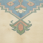 Close-up of a patterned rug with a cream base and a geometric medallion design in muted blue, sage green, dusty pink, and white.