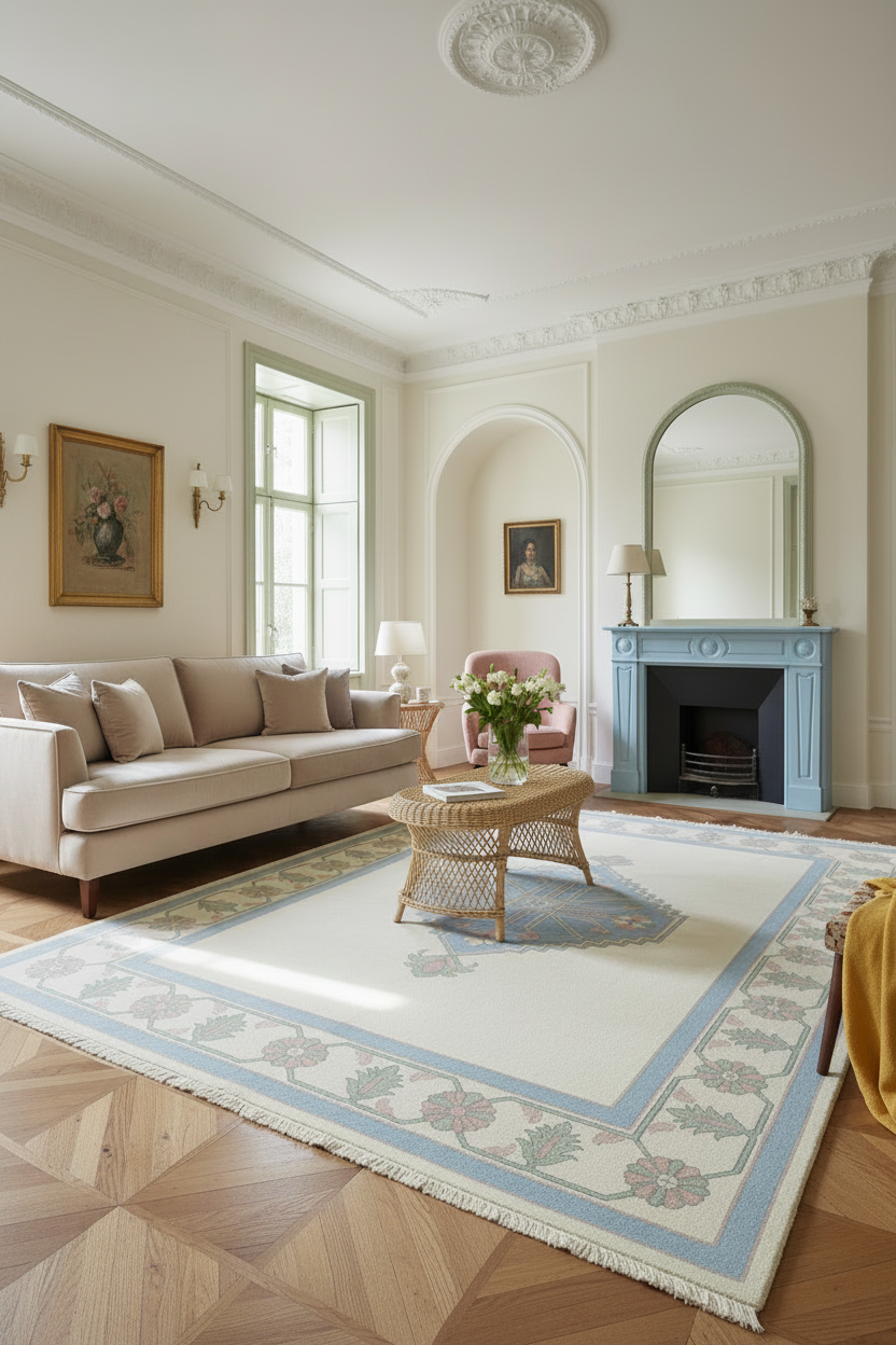 A styled living room featuring a large cream and light blue patterned area rug on a wood parquet floor, with a beige sofa, a wicker coffee table, and a light blue fireplace in the background.