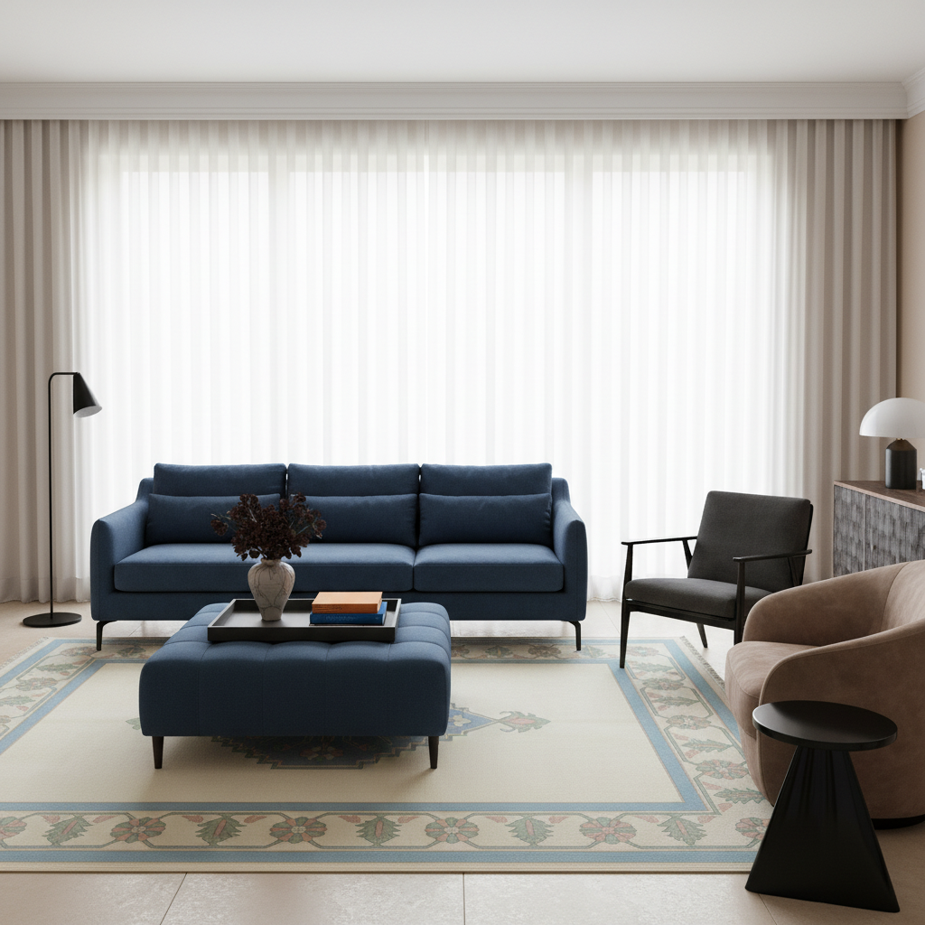 A modern living room featuring a prominent three-seater sofa and matching ottoman in deep blue velvet, styled with a patterned area rug, a black floor lamp, a black armchair, and a beige accent chair.