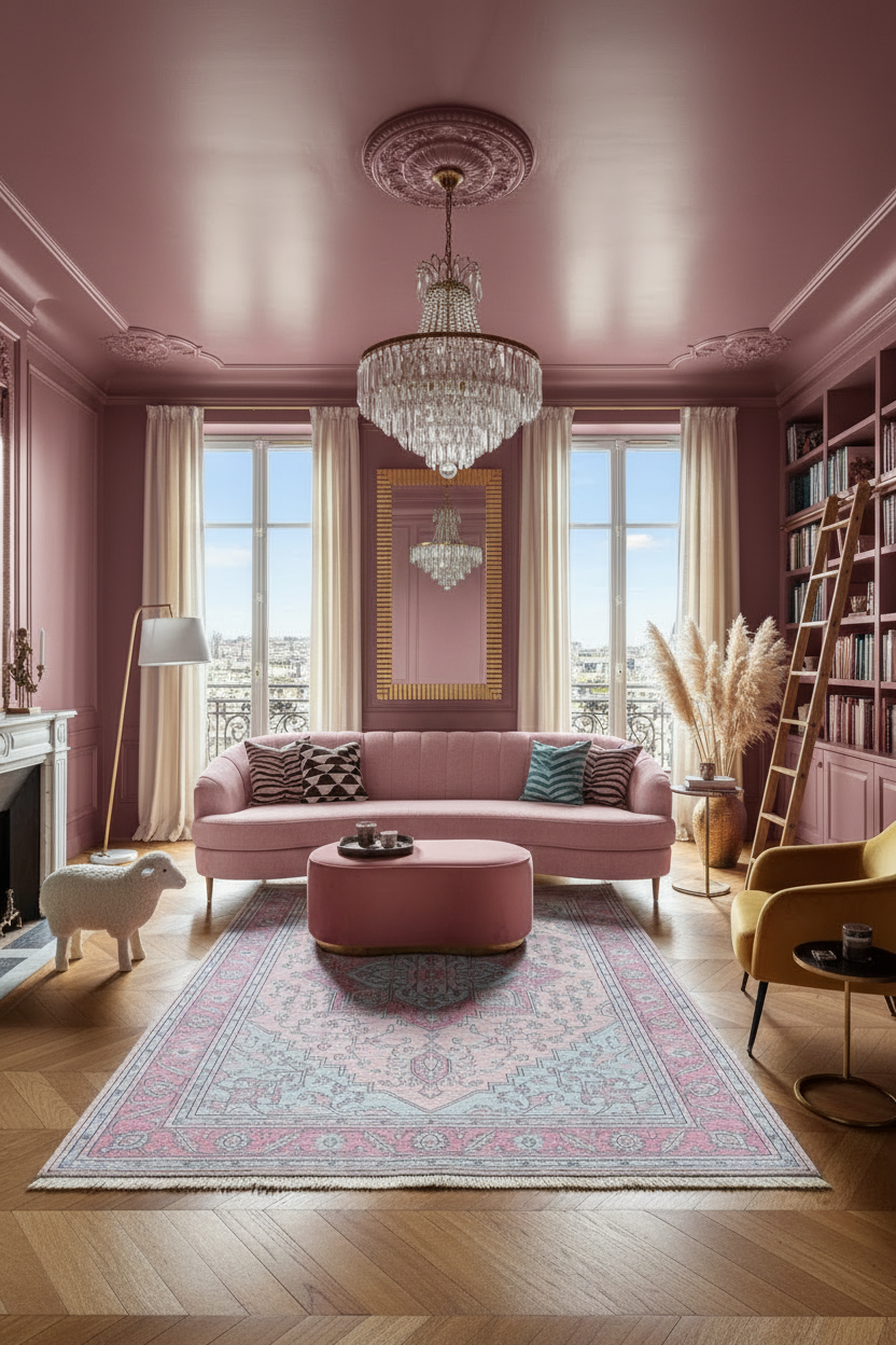 Pink living room with a chandelier, sofa, pink rug, and bookshelf.