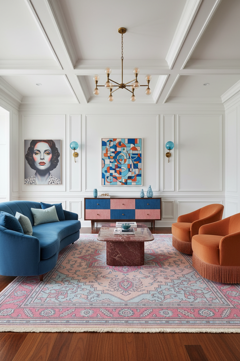 A styled living room interior with a blue velvet sofa, two orange armchairs, a pink and blue patterned area rug, a marble-top coffee table, wall art, and a coffered white ceiling.