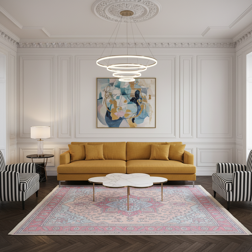 A modern living room featuring a mustard yellow three-seater sofa centered on a large pink and blue patterned area rug. The room has white paneled walls, a decorative ceiling medallion, a multi-ring modern chandelier, a striped armchair on the left, a matching striped armchair on the right, and an abstract painting hanging above the sofa.
