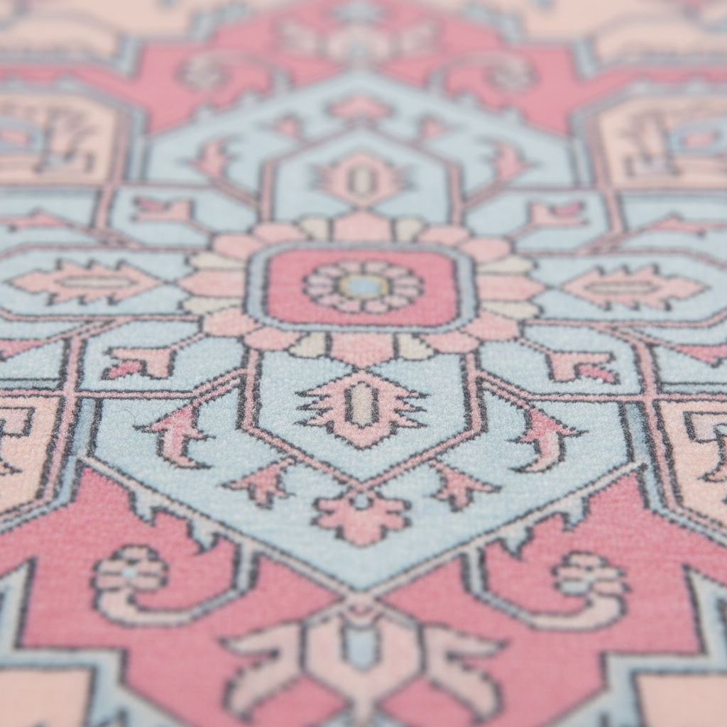 A close-up of a patterned rug with a central medallion design in pink, light blue, and cream tones, shown with a shallow depth of field.