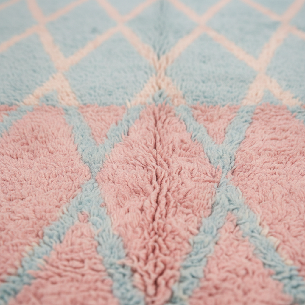 A close-up of a plush, textured fabric with a geometric diamond pattern in dusty pink and light blue.