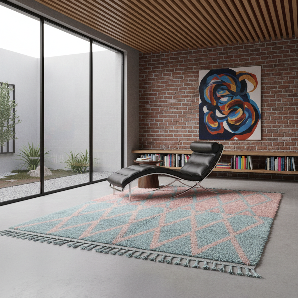 A modern living room scene featuring a large shag area rug with a pink and light blue geometric pattern and fringe, styled with a black leather chaise lounge, a brick bookshelf, and an abstract painting.