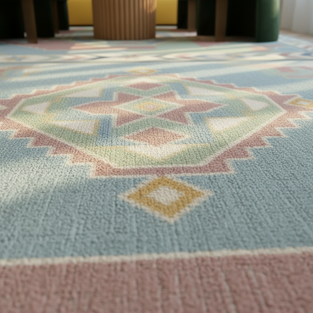 A close-up view of a textured area rug with a geometric southwestern pattern in pastel blue, pink, beige, and yellow, with a blurred indoor background showing furniture legs.