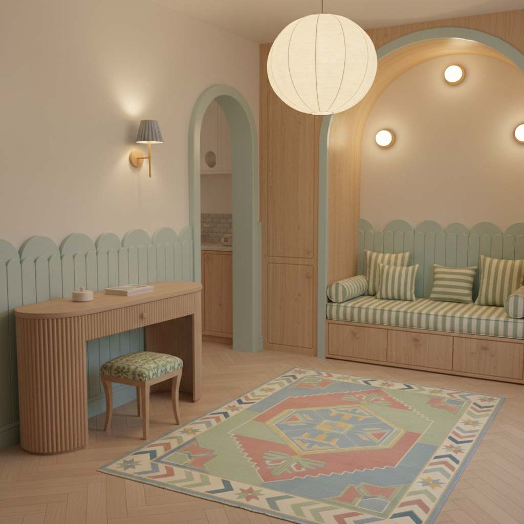 A beautifully styled children's playroom featuring a light wood vanity desk with a matching stool, a colorful geometric area rug, and a cozy built-in wooden bench with striped cushions under arched alcoves.