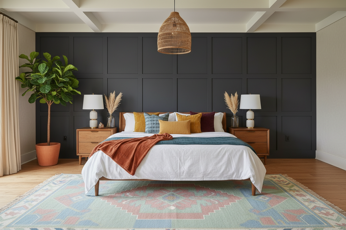 Modern bedroom with tribal green knotted rug, dark paneled walls, a bed with colorful pillows, and decorative elements.