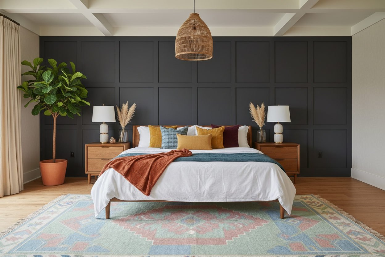 Modern bedroom with tribal green knotted rug, dark paneled walls, a bed with colorful pillows, and decorative elements.