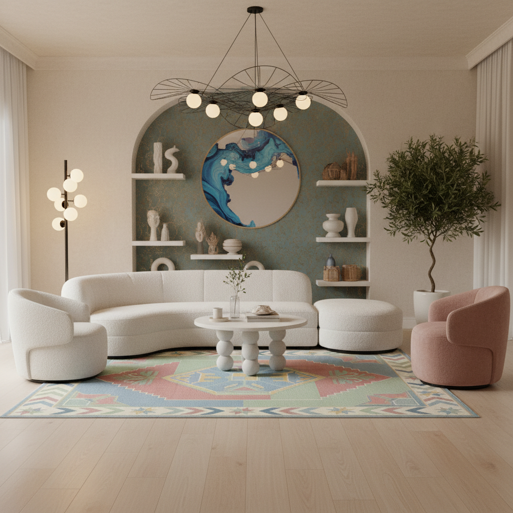 A styled modern living room featuring a curved white sofa, a pink accent chair, a colorful geometric area rug, a white coffee table, and a decorative blue and white circular mirror set within a teal arched wall.