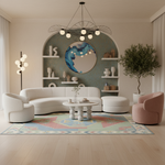 A styled modern living room featuring a curved white sofa, a pink accent chair, a colorful geometric area rug, a white coffee table, and a decorative blue and white circular mirror set within a teal arched wall.