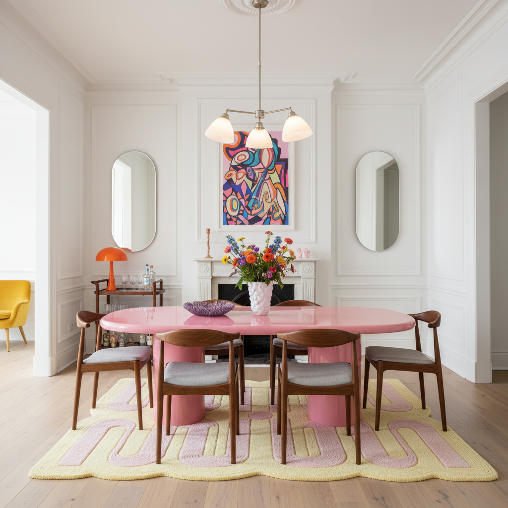 Dining room with a pink table and chairs on a yellow rug, colorful abstract art on the wall.