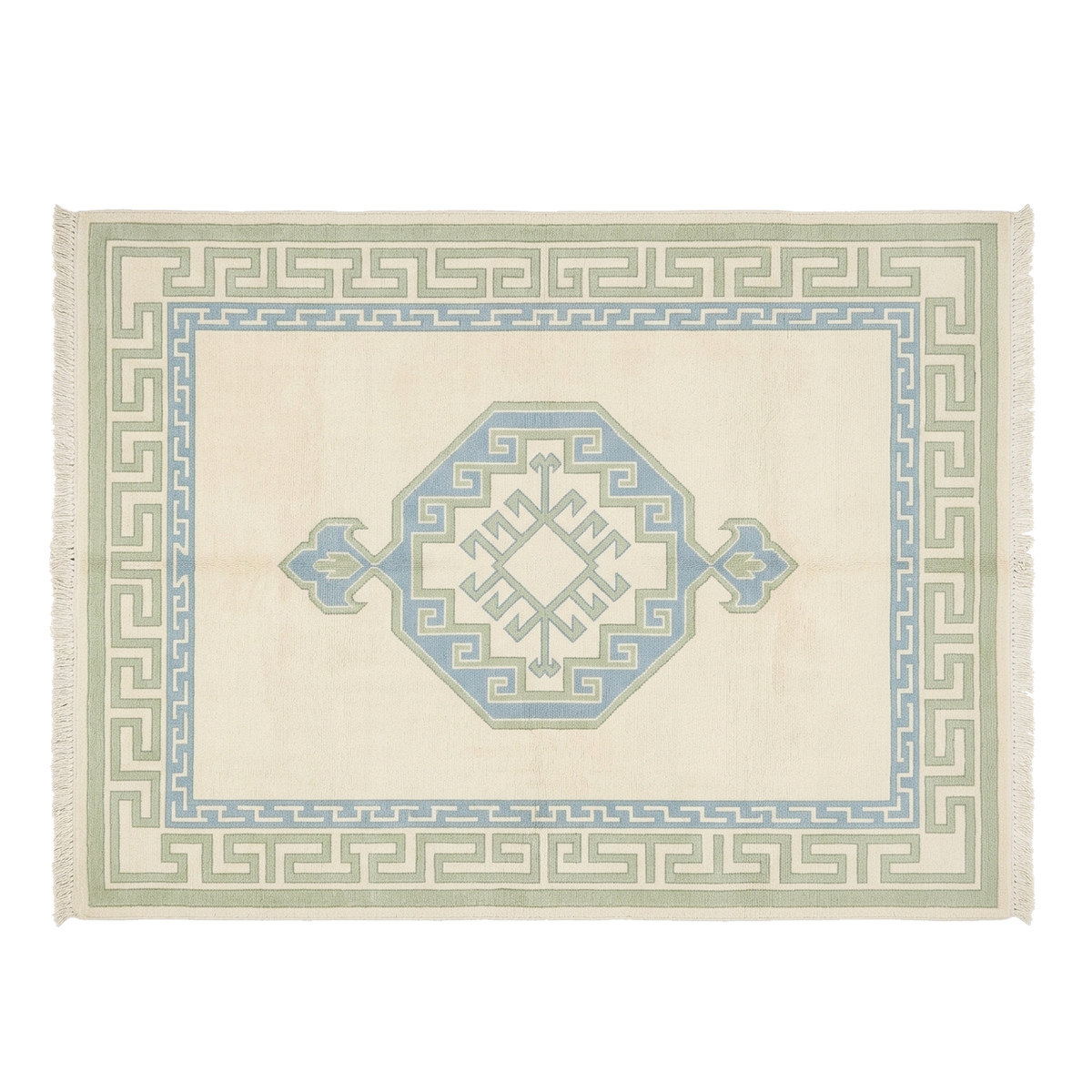 A rectangular woven rug with a cream background, featuring a central light blue octagonal medallion, Greek key borders in sage green and light blue, and fringe on the short ends.