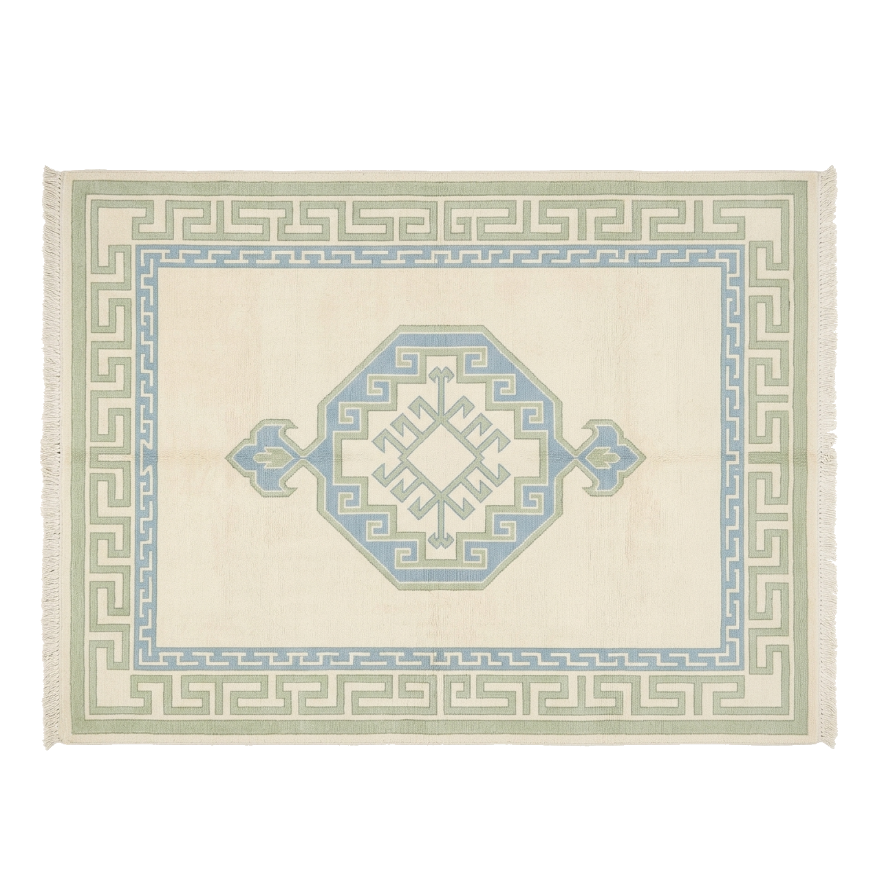 A rectangular woven rug with a cream background, featuring a central light blue octagonal medallion, Greek key borders in sage green and light blue, and fringe on the short ends.