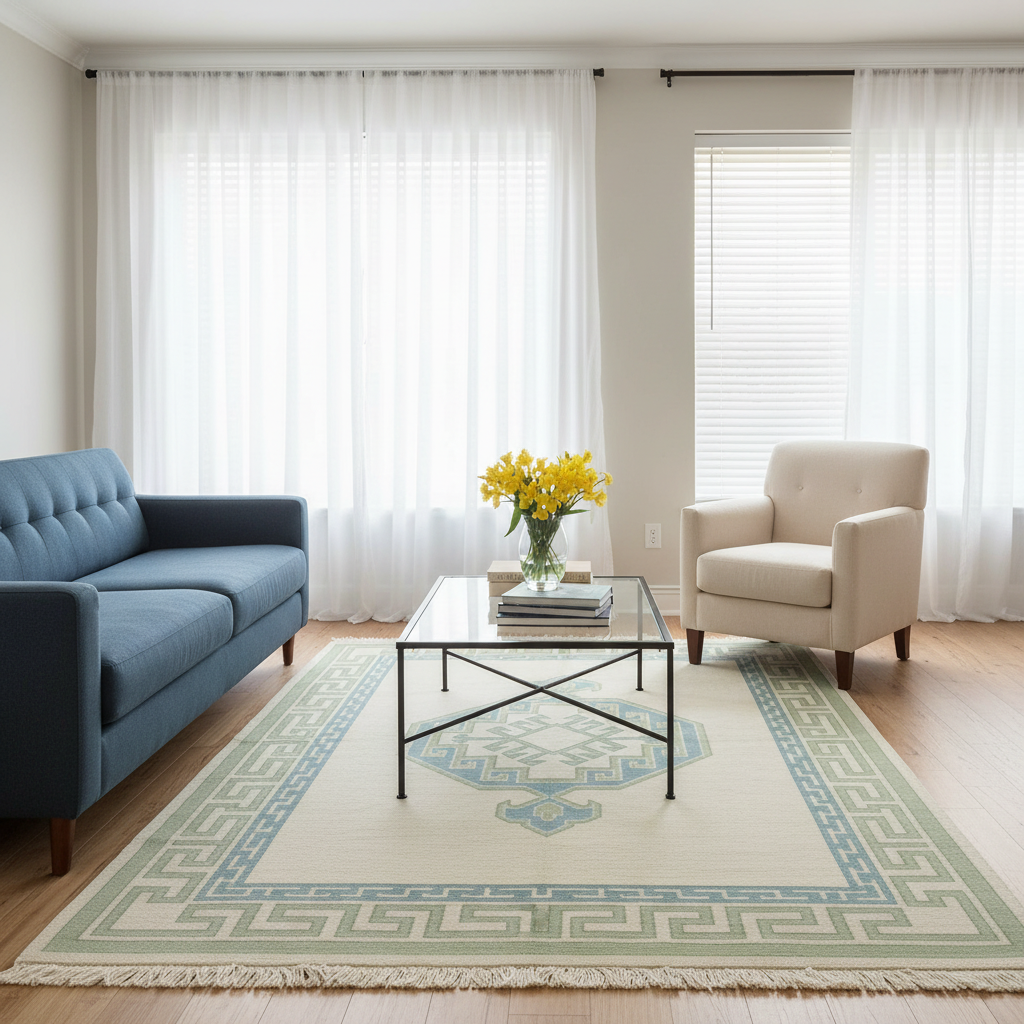 A large rectangular area rug with a Greek key border and central medallion design in cream, sage green, and light blue, styled in a bright living room with a blue sofa, beige armchair, and glass coffee table.