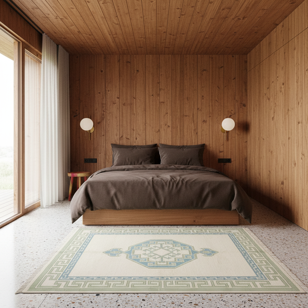 A modern bedroom with wood-paneled walls and ceiling, featuring a low wooden bed with brown bedding and a rectangular area rug in cream, blue, and green tones. Large windows with white curtains are on the left, and wall-mounted round lamps sit on either side of the bed.
