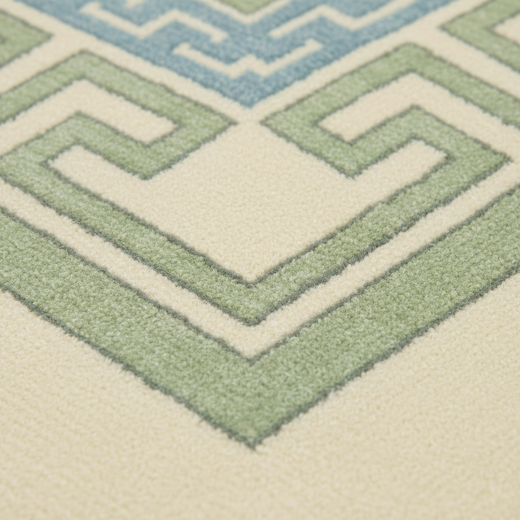 Close-up of a textured area rug with a geometric Greek key pattern in sage green, cream, and light blue.