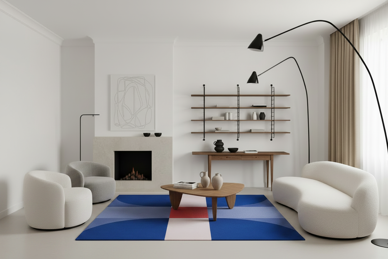 Modern living room with white sofa, armchair, and colorful blue contemporary rug.