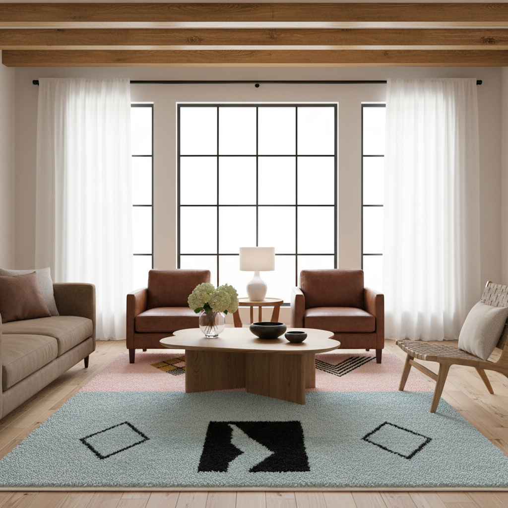 A styled living room interior with a light blue shag area rug featuring black geometric diamond and chevron motifs, surrounded by a light wood coffee table, two brown armchairs, a sofa, and large windows with white curtains.