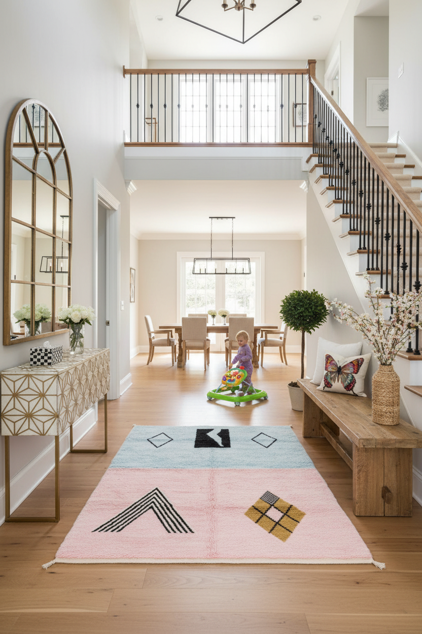 Modern home interior with a staircase, dining area, and colorful rug.
