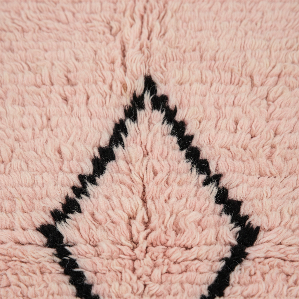Close-up of a soft, textured pink rug with a black geometric diamond border pattern.
