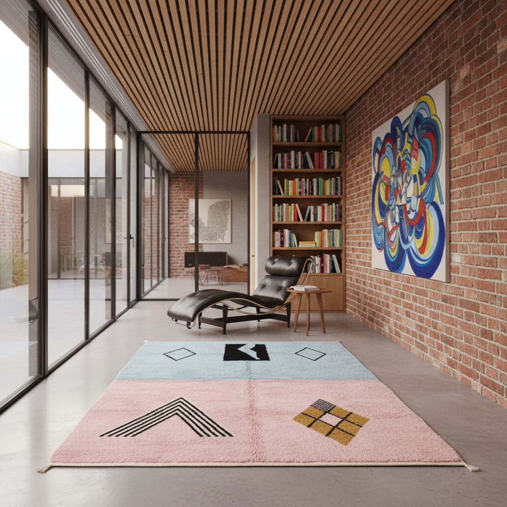 A modern living space with a large area rug in the foreground, featuring a pink lower section with geometric black and yellow patterns and a light blue upper section. The room has exposed brick walls, a wood slatted ceiling, a black leather lounge chair, and a colorful abstract painting.