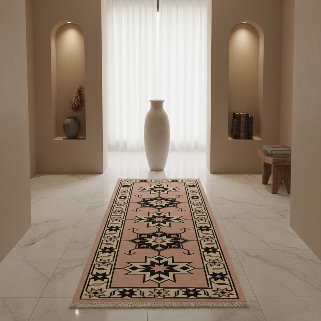 A long runner rug with a pink base and a black, beige, and white geometric star pattern, styled in a modern, minimalist hallway with marble floors and a large white vase in the center.