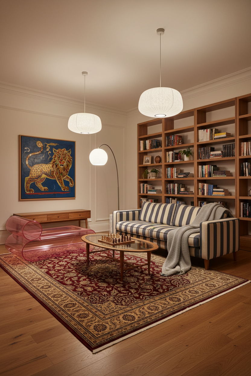 A cozy living room scene with a striped sofa, wooden bookshelves, a patterned area rug, pendant lights, and a glass coffee table. A pink translucent lounge chair sits to the left, and a framed lion painting hangs on the wall.