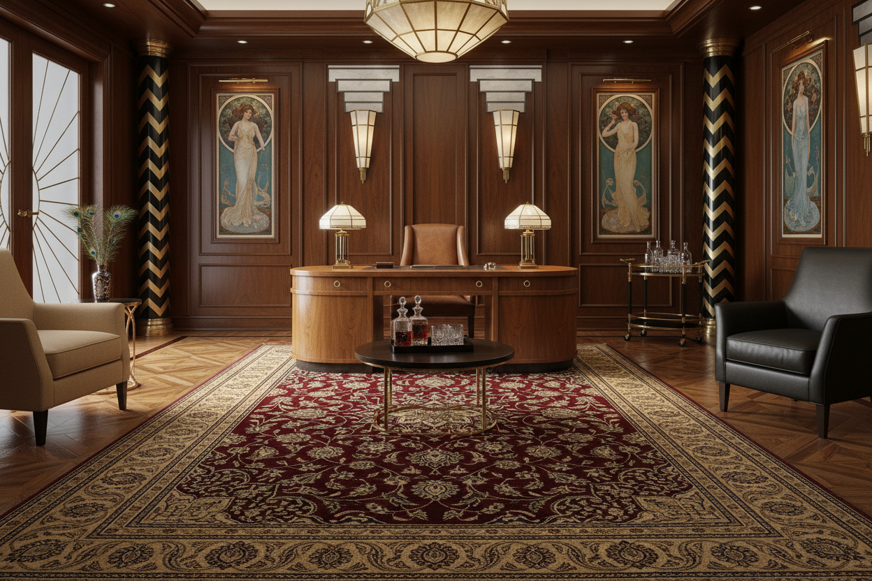 Luxurious office with wooden walls, a large desk, and ornate rug.