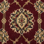 A close-up of a traditional patterned rug featuring a central medallion in deep red, beige, olive green, and dark blue.