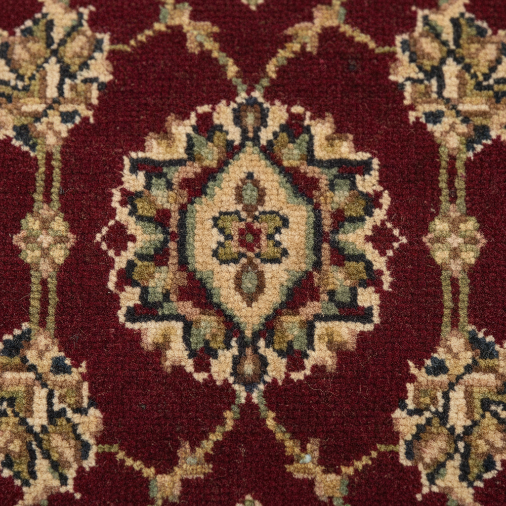 A close-up of a traditional patterned rug featuring a central medallion in deep red, beige, olive green, and dark blue.