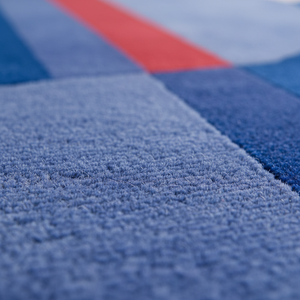 Close-up of a textured rug with a geometric color-block pattern, featuring a prominent blue shaggy section, a red stripe, and other blue sections in the background.