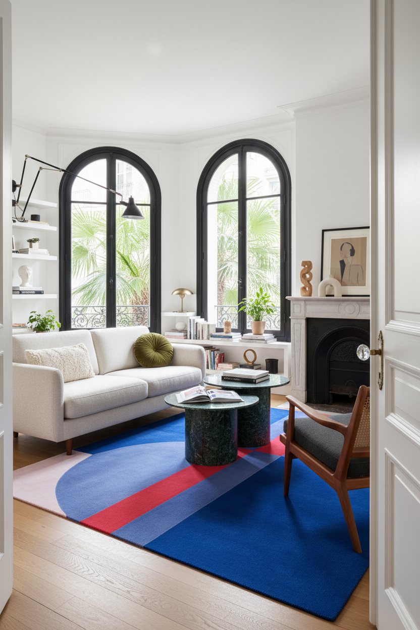 Modern living room with a colorful blue rug, white sofa, and arched windows.