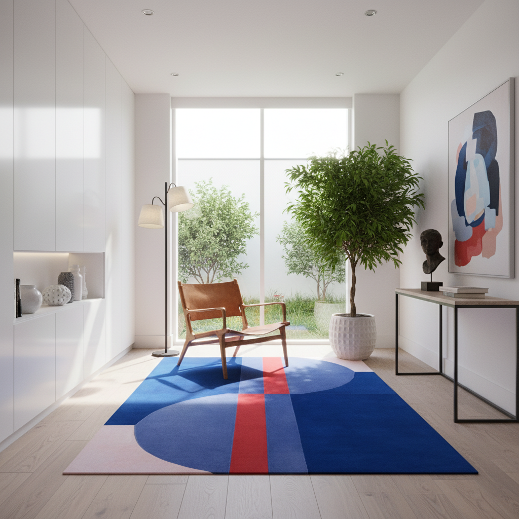 A modern living room scene featuring a large abstract area rug with blue, red, and white geometric shapes on a light wood floor. A brown leather armchair, a tall potted green tree, a black console table, and white walls are visible in the background.