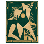 Decorative rug with geometric design in gold on a green background