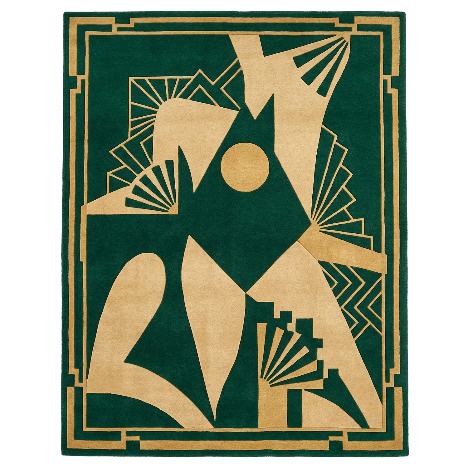 Decorative rug with geometric design in gold on a green background