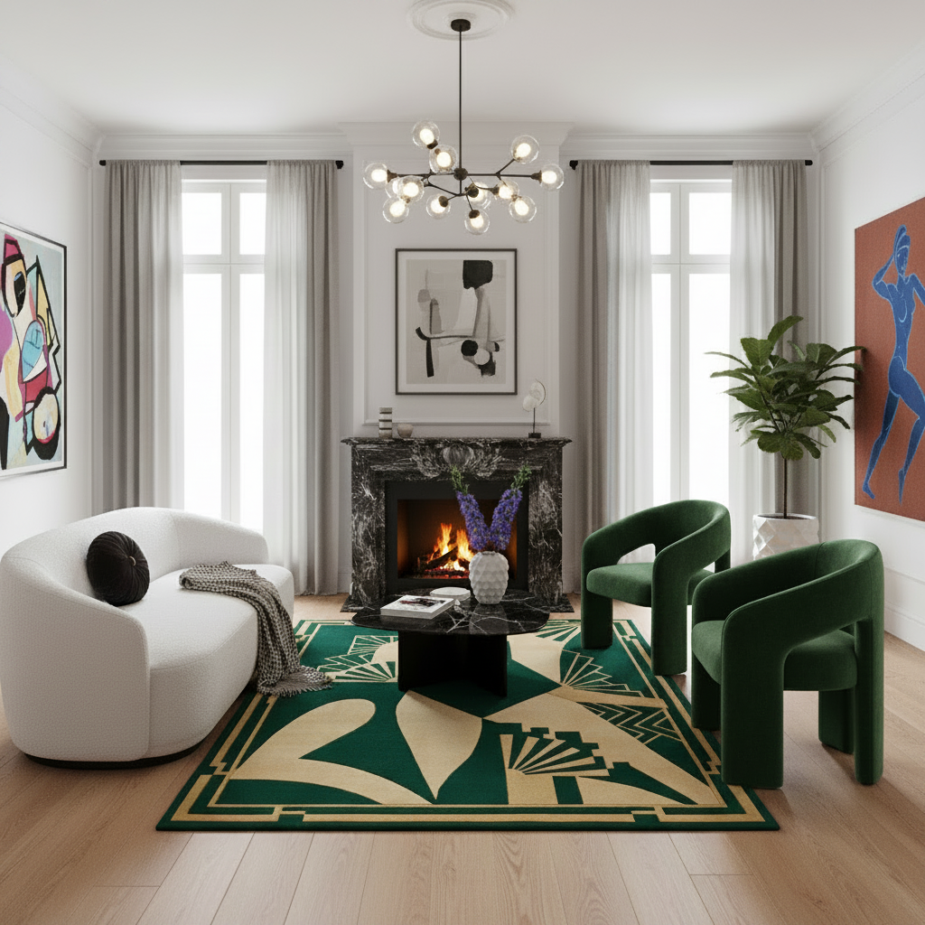 Modern living room with a fireplace, white sofa, green rug, chairs, and abstract art.