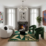 Modern living room with a fireplace, white sofa, green rug, chairs, and abstract art.