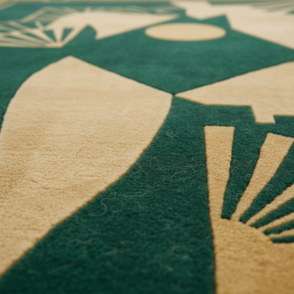 Close-up of a textured area rug with a modern geometric design in dark green and beige, showing the pile texture and fine details.