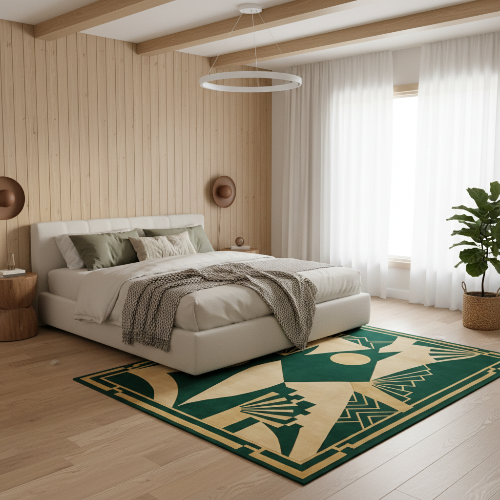 A modern bedroom scene with a bed, wood-paneled walls, white curtains, and a green and beige geometric area rug on a light wood floor.