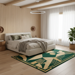 A modern bedroom scene with a bed, wood-paneled walls, white curtains, and a green and beige geometric area rug on a light wood floor.