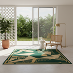 A rectangular area rug with a dark green and beige Art Deco style geometric pattern, styled in a bright, modern room with a wooden chair, floor lamp, and large windows overlooking a lush green garden.