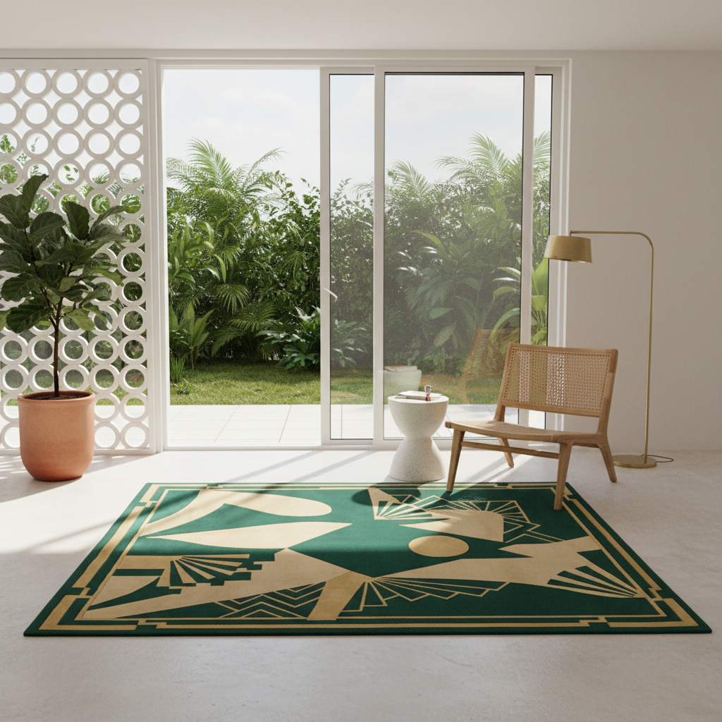 A rectangular area rug with a dark green and beige Art Deco style geometric pattern, styled in a bright, modern room with a wooden chair, floor lamp, and large windows overlooking a lush green garden.