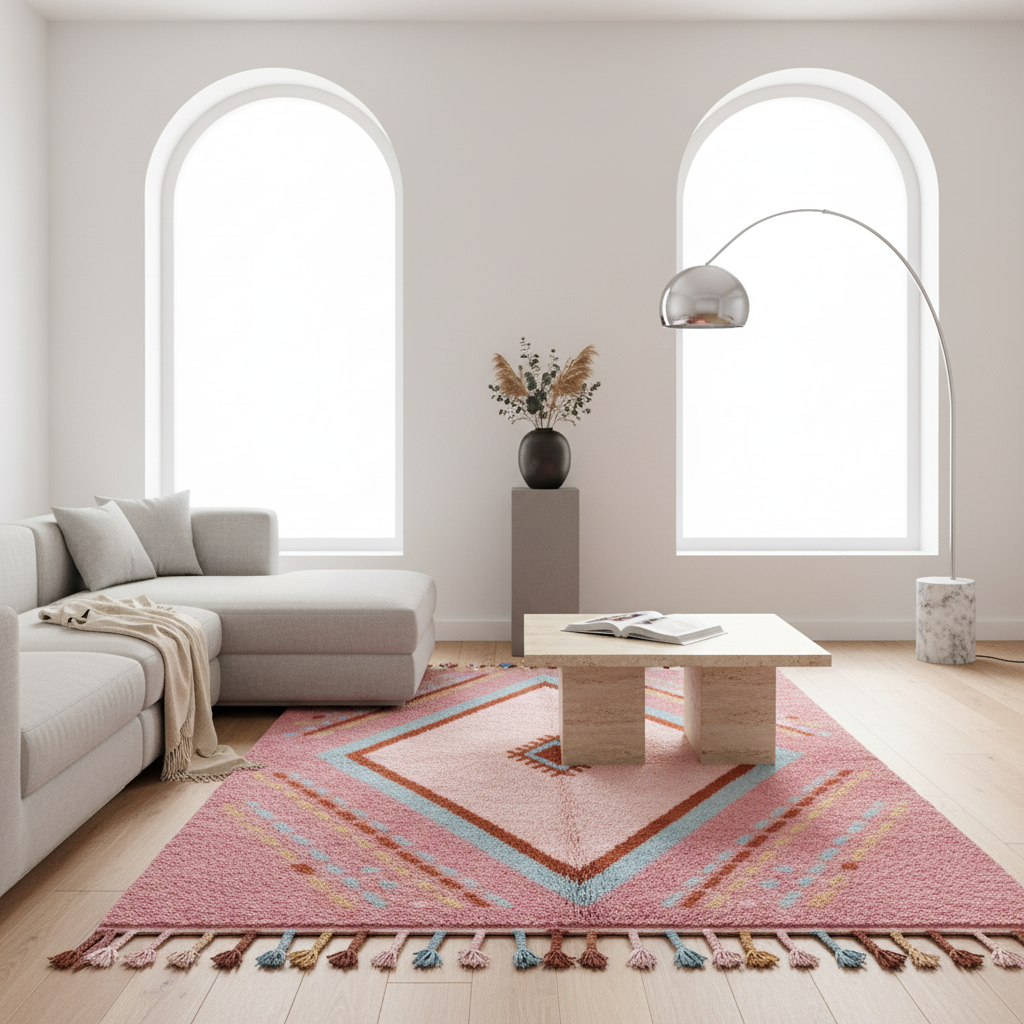 A pink geometric area rug with colorful diamond patterns and tassels is styled in a bright, modern living room with a light gray sectional sofa, a low wooden coffee table, and a tall silver floor lamp.