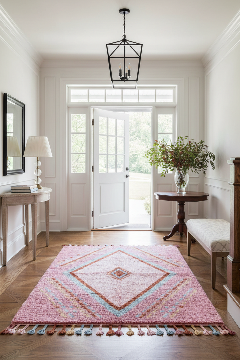 Foyer with a pink geometric rug, white walls, and a black pendant light.