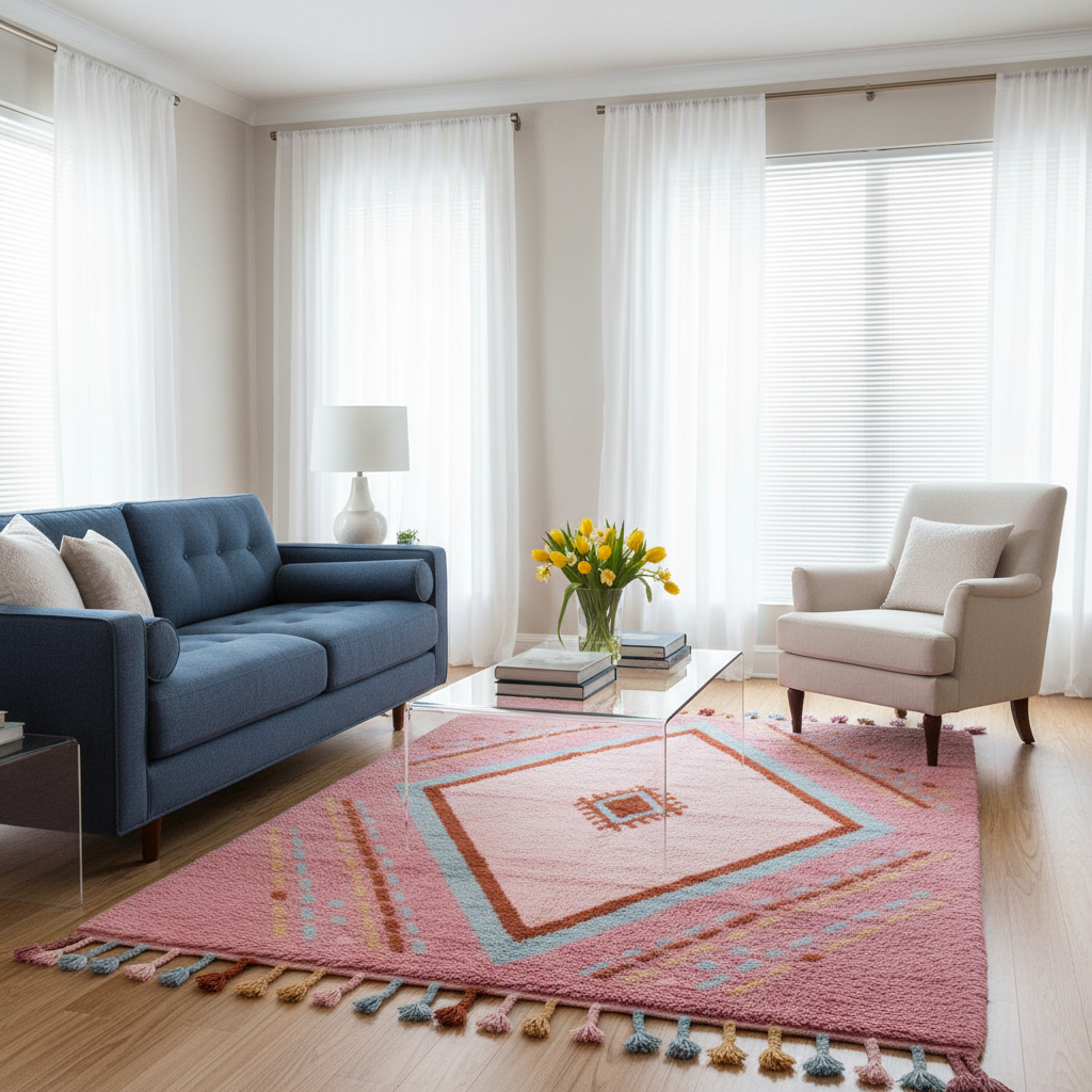 A styled living room featuring a prominent pink area rug with a geometric diamond pattern and tassels, styled with a blue sofa, a beige armchair, and a glass coffee table.